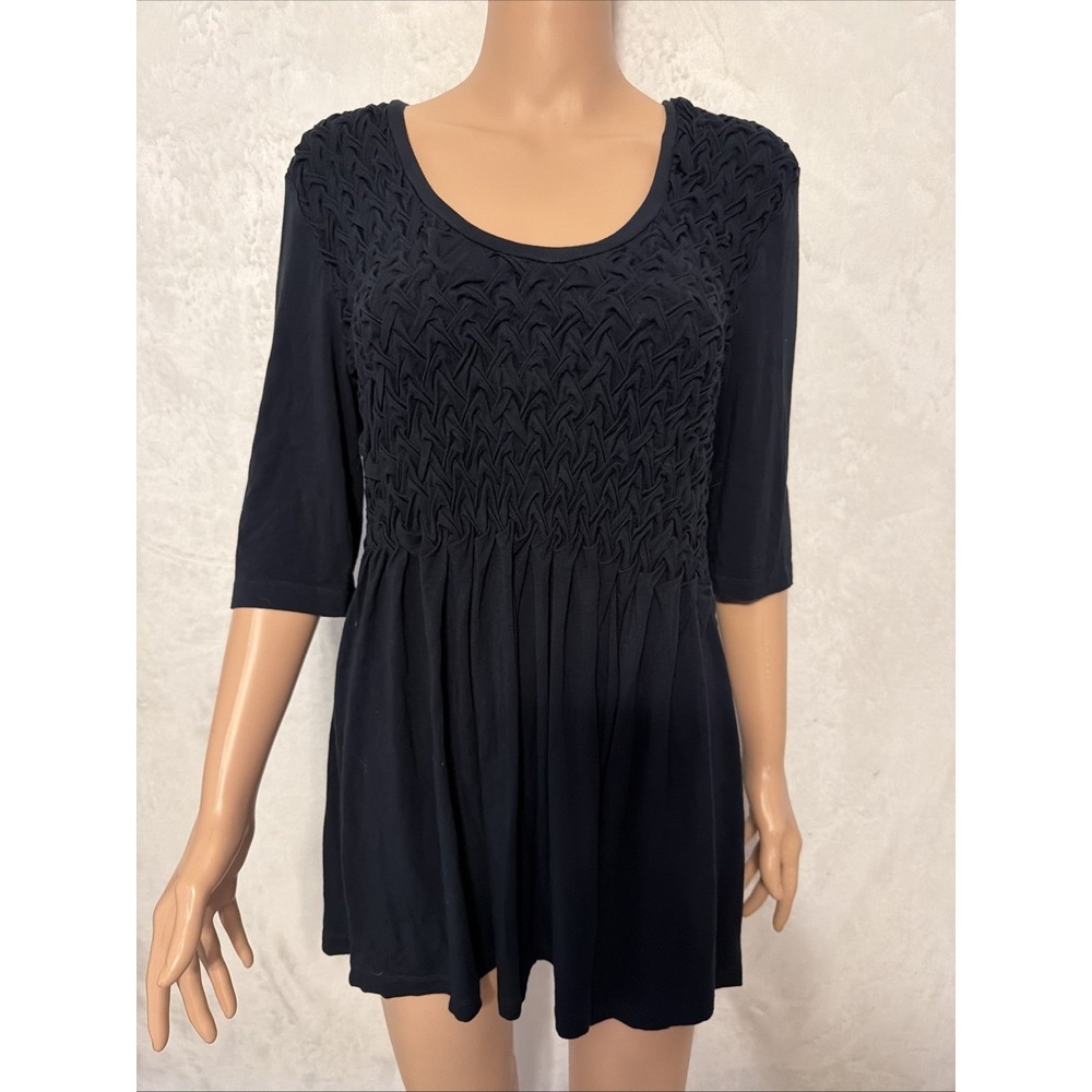 Soft Surroundings Size L Black Stretch Roughed Top 3/4 Sleeves Stretchy